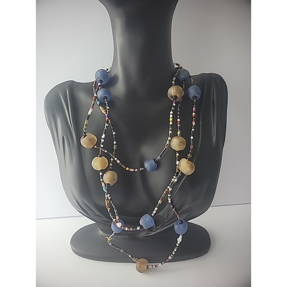 Vintage Necklace Beaded Blue Brown Long Flapper Stackable Jewelry Costume